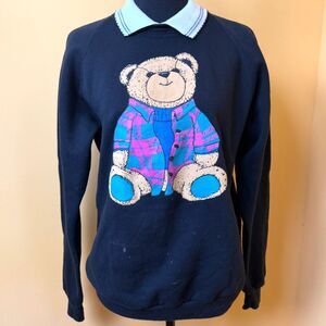 VTG 90s Gopher Sport Teddy Bear Collared Sweatshirt Black M Retro Cottagecore